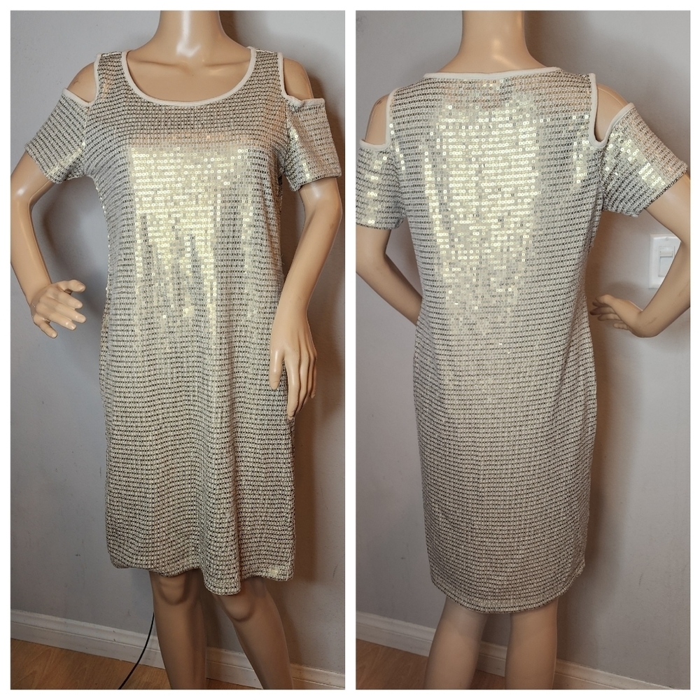 Chico's Gold Sequin Cold Shoulder Shift Dress Size Small